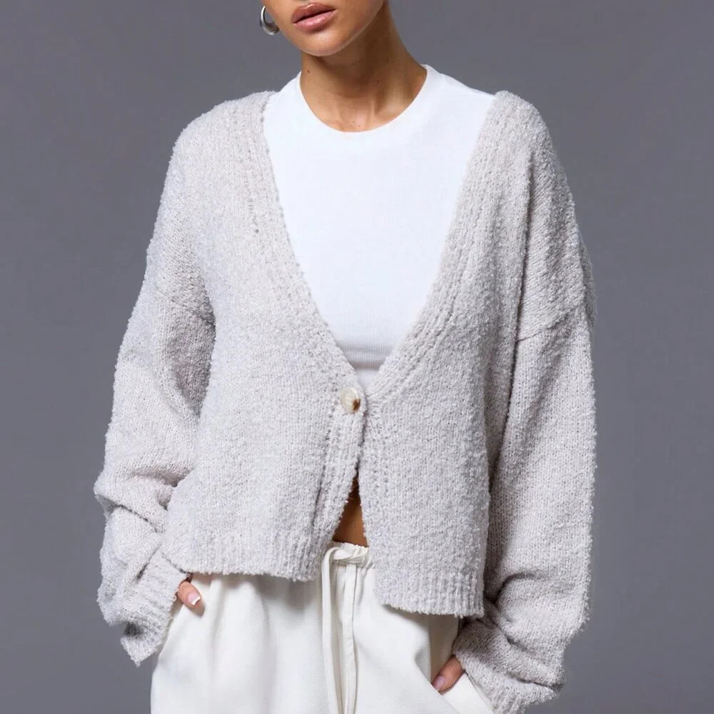 Light Grey Casual Women's One Button Long Sleeve Knit Cardigan